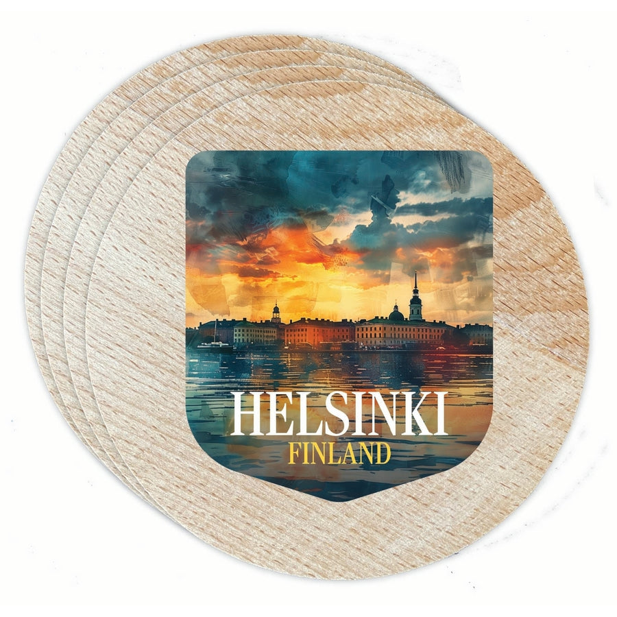 Helsinki Finland Sunset Cityscape Design Souvenir Coaster Wooden 3.5 x 3.5-Inch 4 Pack Image 1