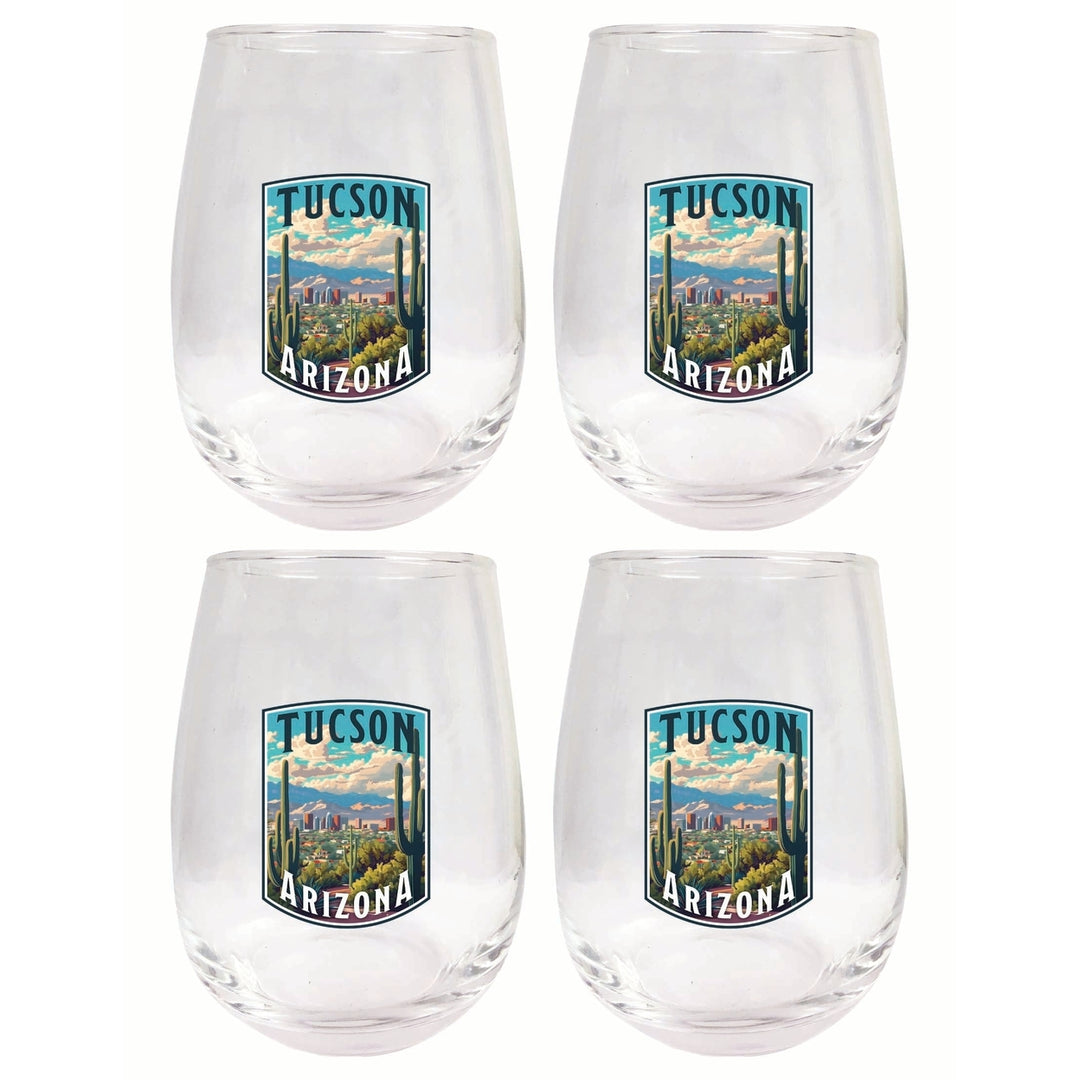 Tucson Arizona Cactus and Cityscape Design Souvenir 15 oz Stemless Wine Glass 4-Pack Image 1