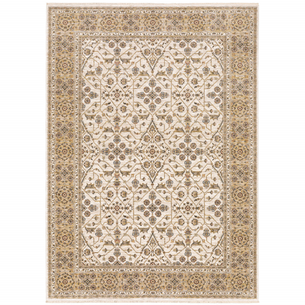 10 X 13 Ivory And Gold Oriental Power Loom Stain Resistant Area Rug With Fringe Image 1