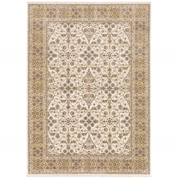 10 X 13 Ivory And Gold Oriental Power Loom Stain Resistant Area Rug With Fringe Image 1