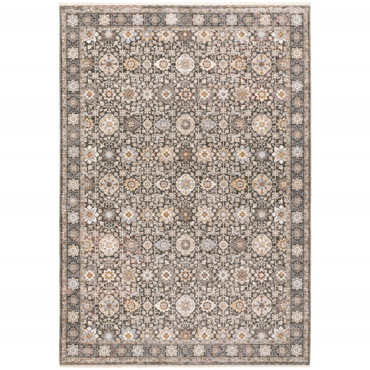 10 X 13 Grey And Ivory Oriental Power Loom Stain Resistant Area Rug With Fringe Image 1