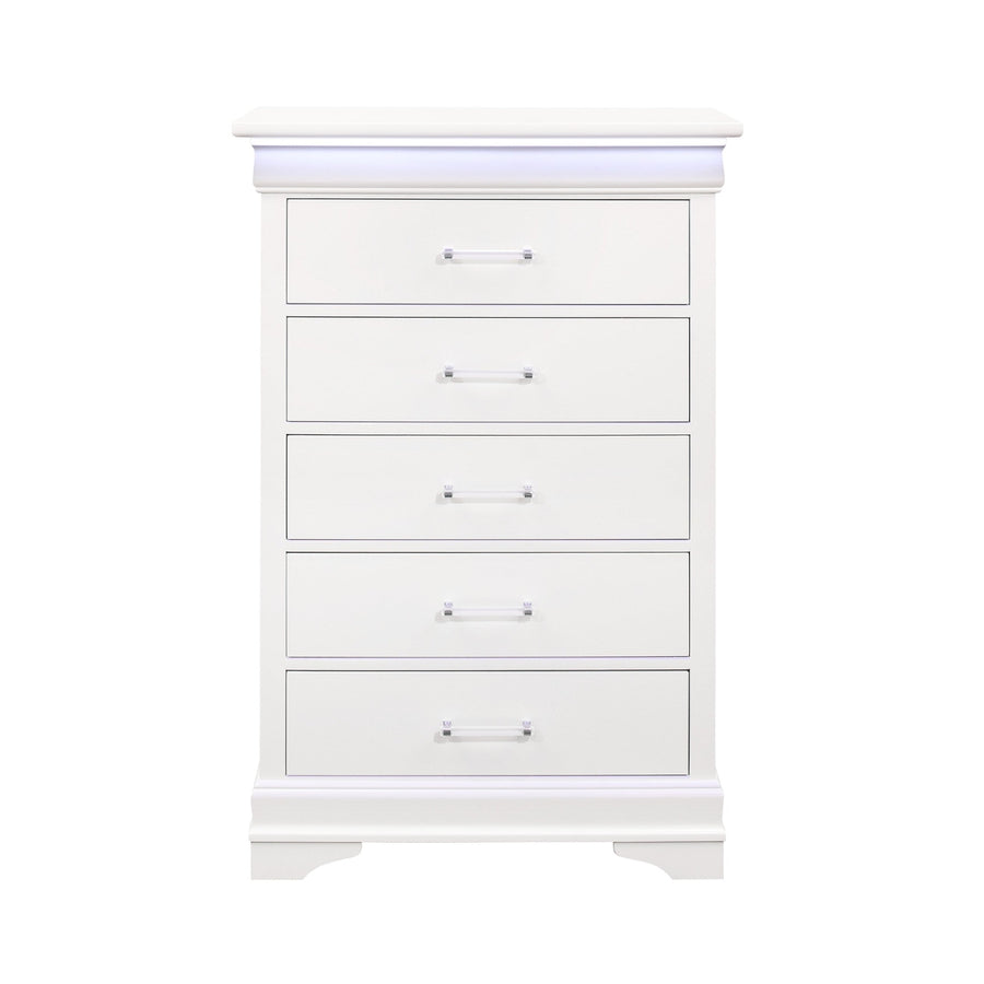 16" White Solid Wood Five Drawer Chest with LED Lighting Image 1