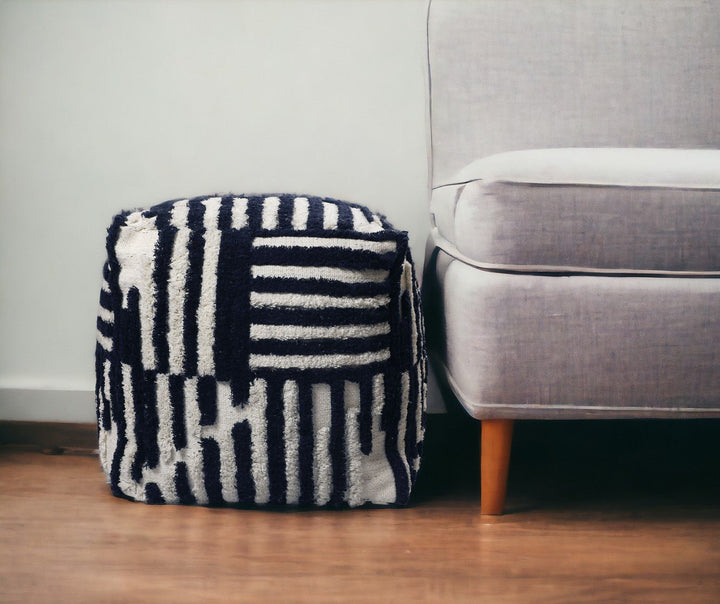 18" Beige Cotton Cube Striped Pouf Ottoman Image 3