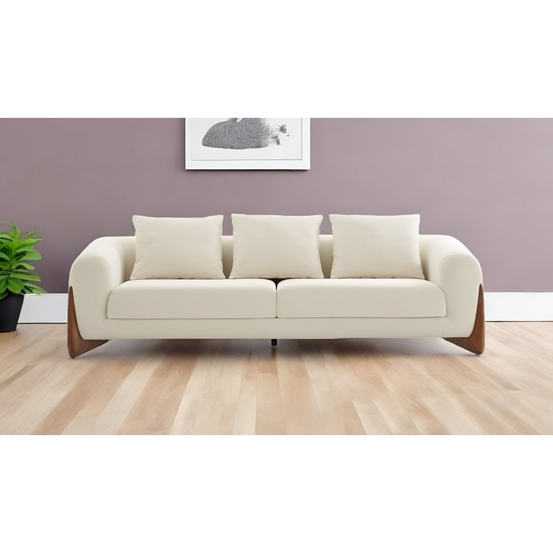 100" Cream Sofa With Wood Brown Legs Image 5