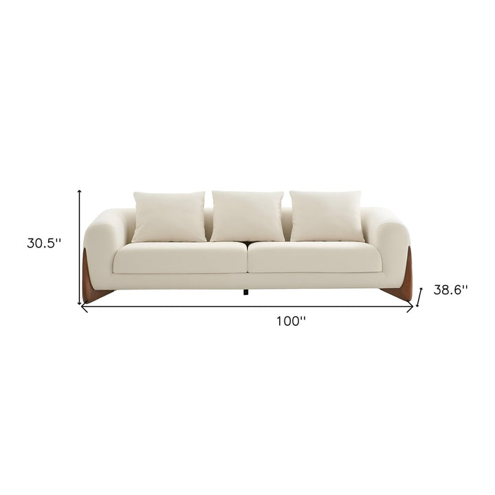 100" Cream Sofa With Wood Brown Legs Image 7