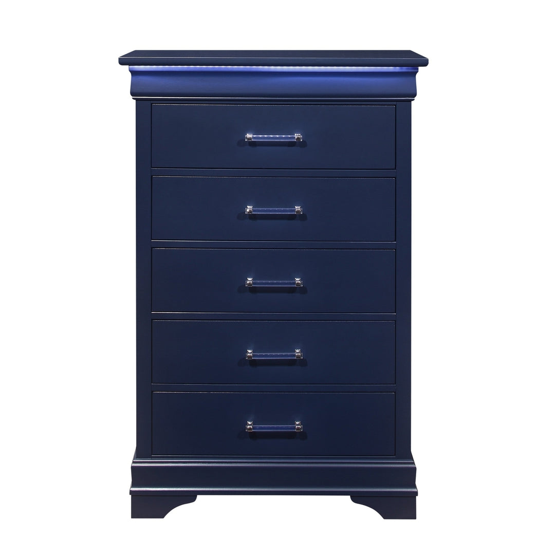 16" Blue Solid Wood Five Drawer Chest with LED Lighting Image 1