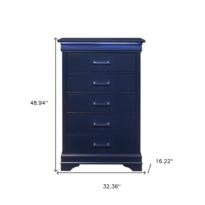 16" Blue Solid Wood Five Drawer Chest with LED Lighting Image 8