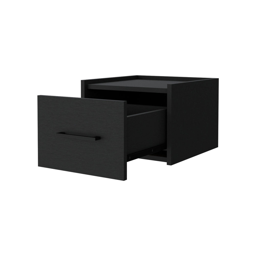 10" Black One Drawer Faux Wood Floating Nightstand Image 2