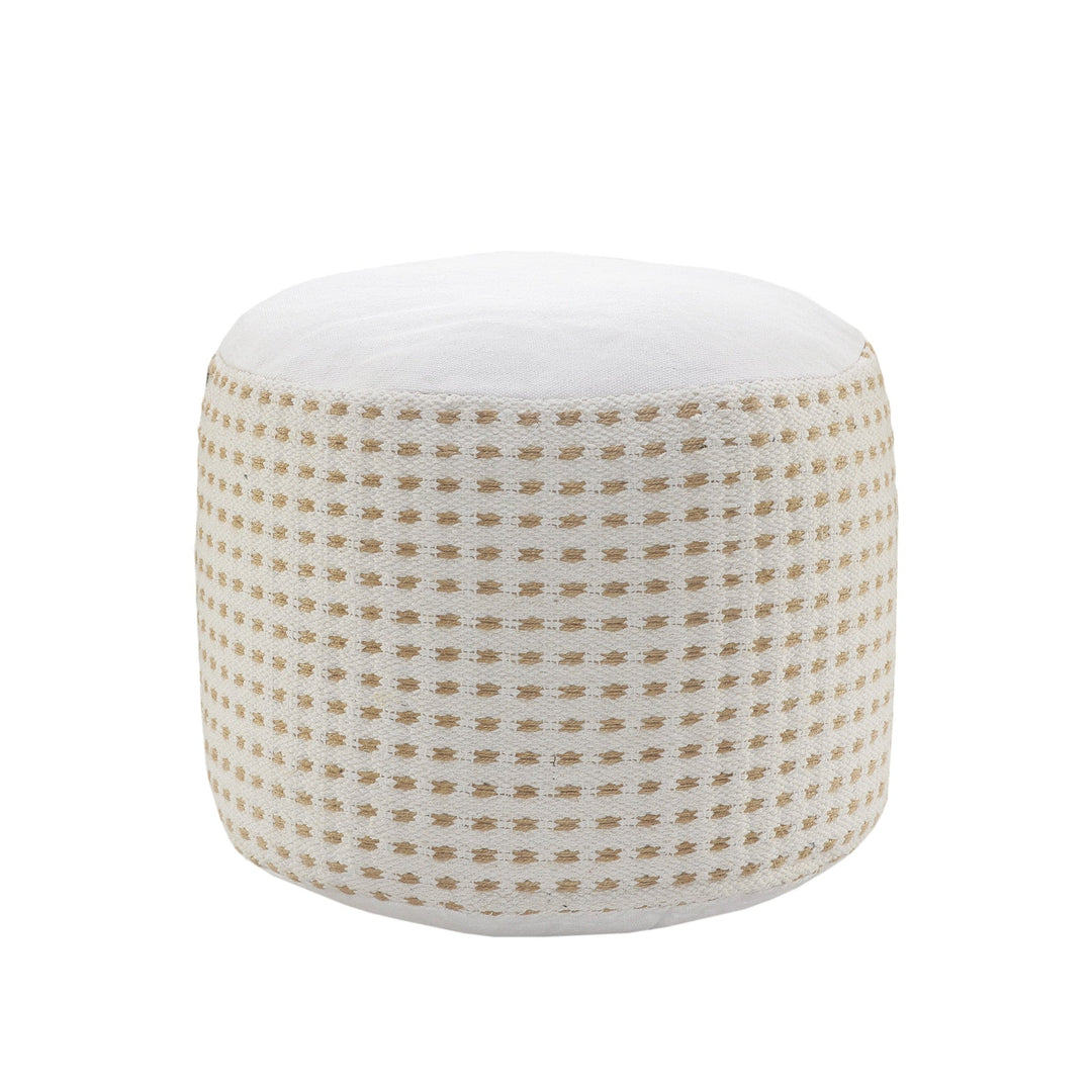 18" White Jute Round Geometric Pouf Ottoman Image 1