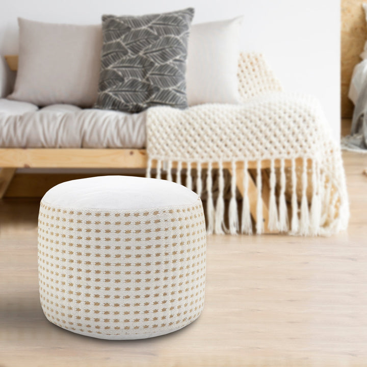 18" White Jute Round Geometric Pouf Ottoman Image 6