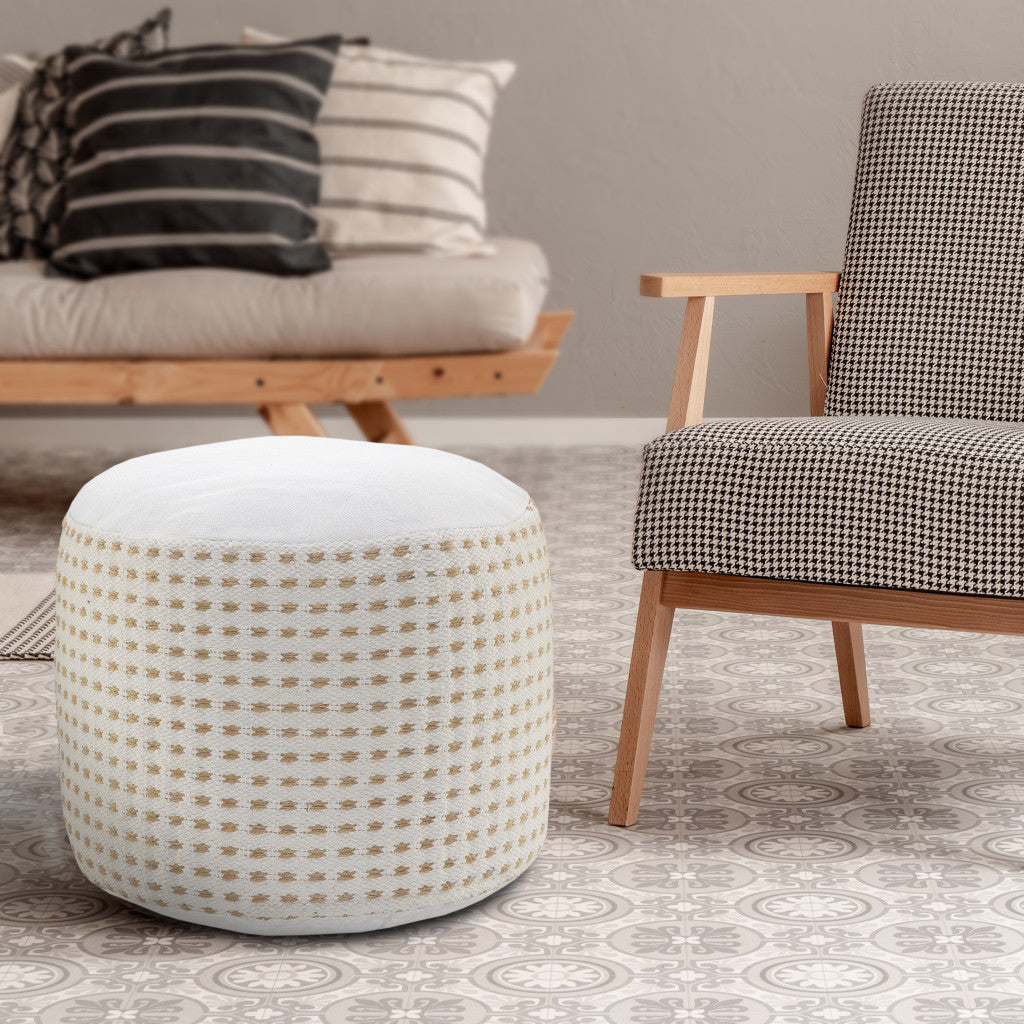 18" White Jute Round Geometric Pouf Ottoman Image 7