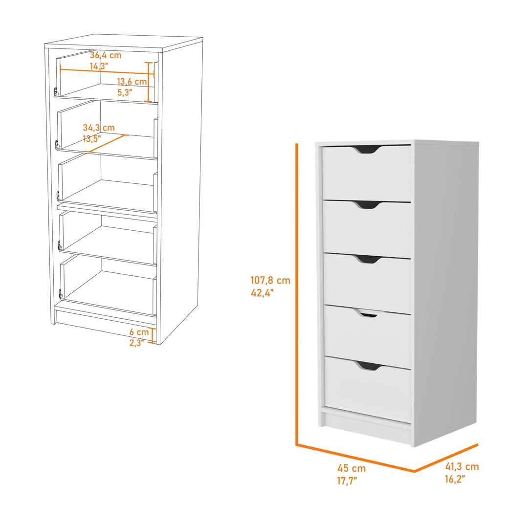 18" White Manufactured Wood Five Drawer Narrow Dresser Image 4