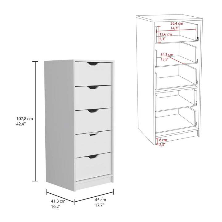 18" White Manufactured Wood Five Drawer Tall and Narrow Dresser Image 6