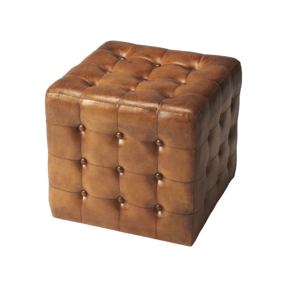 18" Brown Tufted Leather Vintage Style Cube Ottoman Image 1