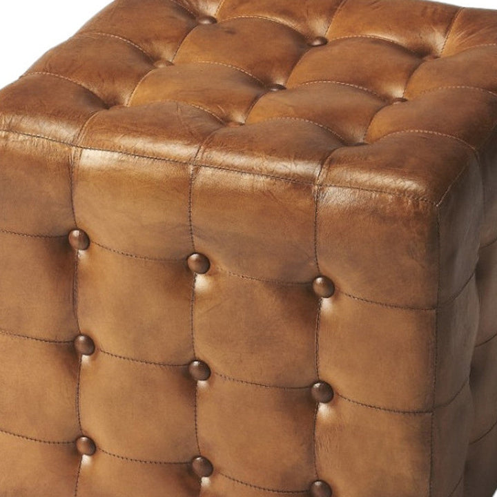 18" Brown Tufted Leather Vintage Style Cube Ottoman Image 3