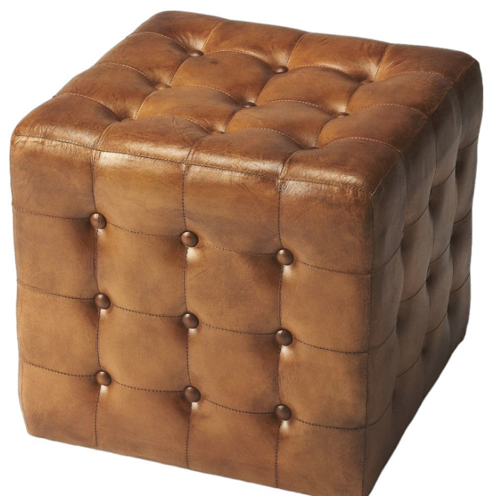 18" Brown Tufted Leather Vintage Style Cube Ottoman Image 4