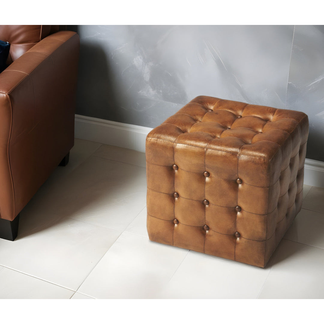 18" Brown Tufted Leather Vintage Style Cube Ottoman Image 5