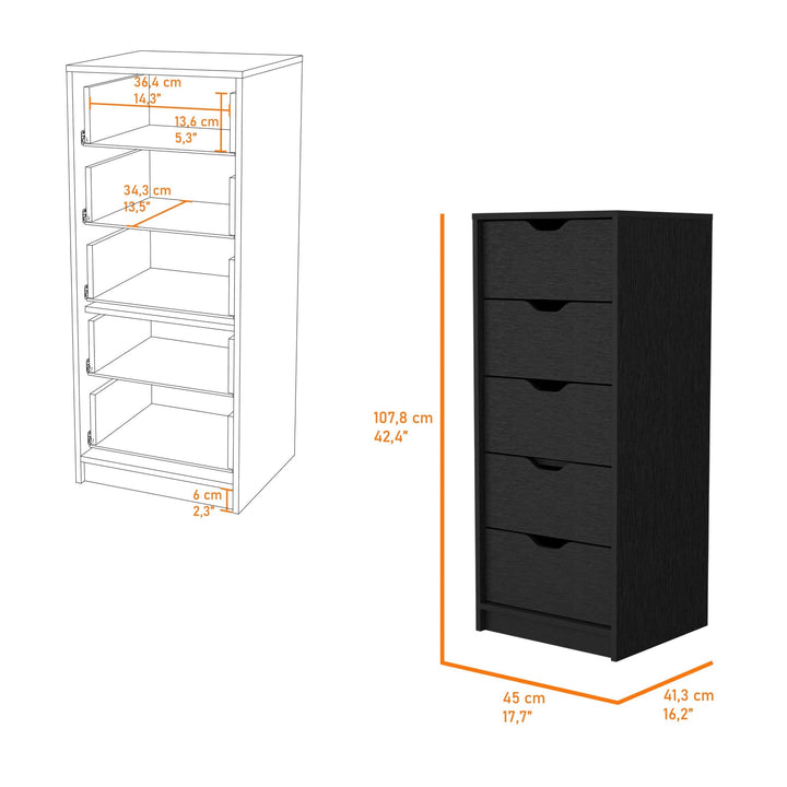 18" Black Manufactured Wood Five Drawer Narrow Dresser Image 4