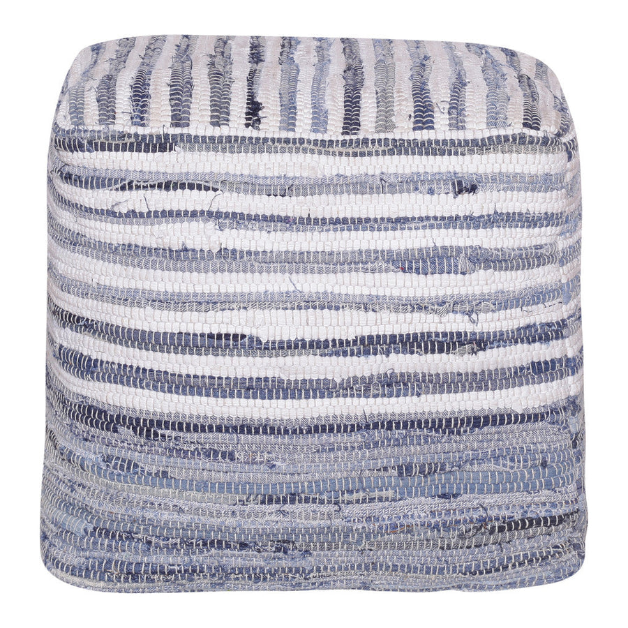 18" Blue Cotton Cube Striped Pouf Ottoman Image 1