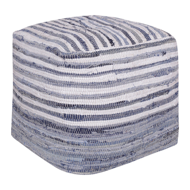 18" Blue Cotton Cube Striped Pouf Ottoman Image 2