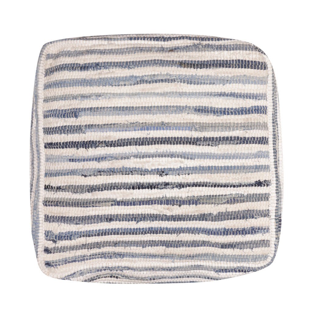 18" Blue Cotton Cube Striped Pouf Ottoman Image 4