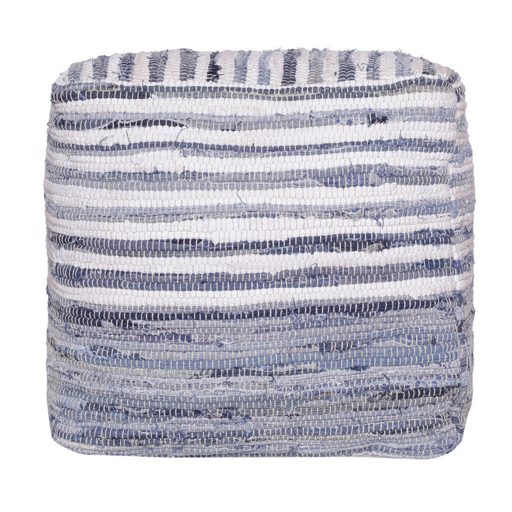 18" Blue Cotton Cube Striped Pouf Ottoman Image 7