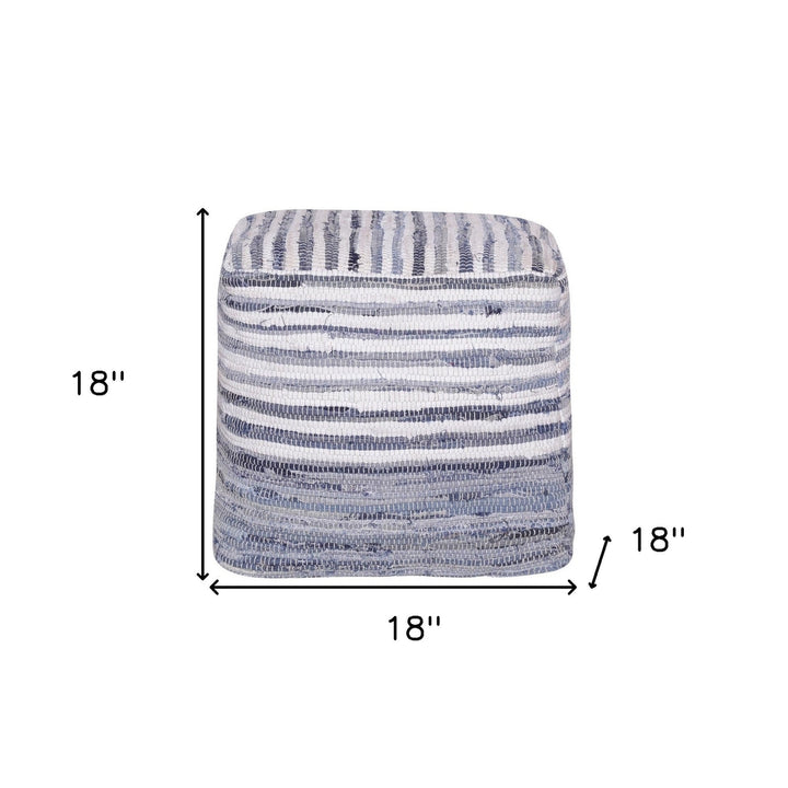 18" Blue Cotton Cube Striped Pouf Ottoman Image 8