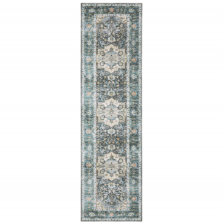 2 X 8 Blue Ivory Teal Brown And Gold Oriental Printed Stain Resistant Non Skid Runner Rug Image 1