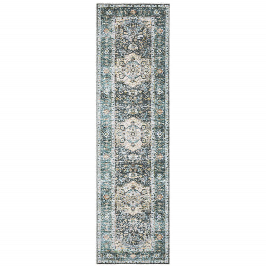 2 X 8 Blue Ivory Teal Brown And Gold Oriental Printed Stain Resistant Non Skid Runner Rug Image 1