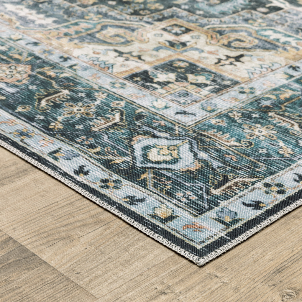 2 X 8 Blue Ivory Teal Brown And Gold Oriental Printed Stain Resistant Non Skid Runner Rug Image 2