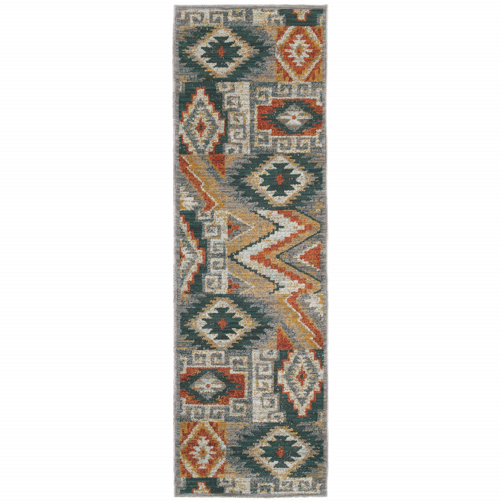 2 X 8 Blue Teal Grey Orange Gold Ivory And Rust Geometric Power Loom Stain Resistant Runner Rug Image 1