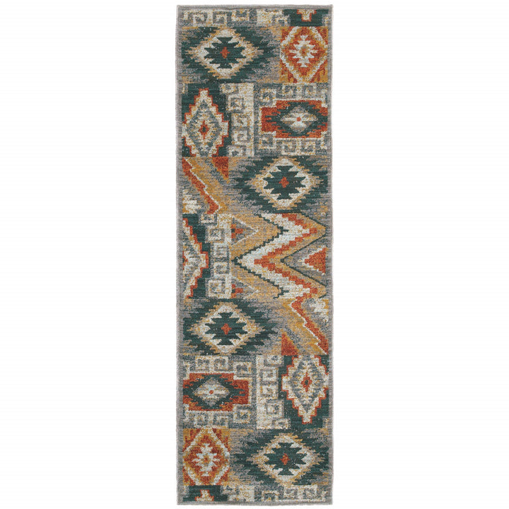 2 X 8 Blue Teal Grey Orange Gold Ivory And Rust Geometric Power Loom Stain Resistant Runner Rug Image 1