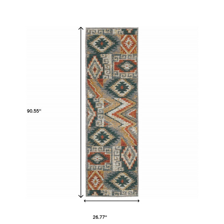 2 X 8 Blue Teal Grey Orange Gold Ivory And Rust Geometric Power Loom Stain Resistant Runner Rug Image 3