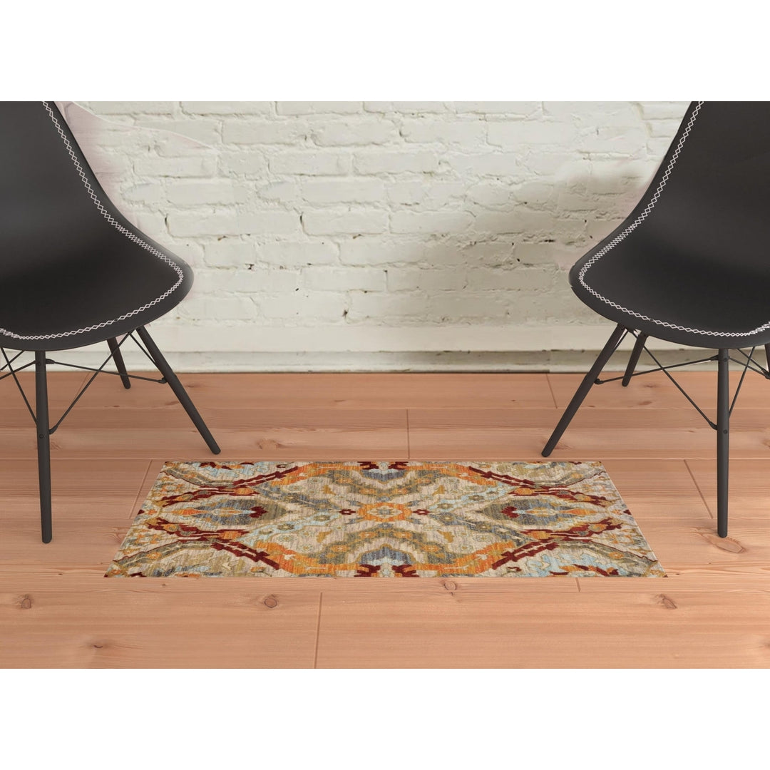 2 X 3 Beige Orange Blue Gold And Grey Abstract Power Loom Stain Resistant Area Rug Image 5