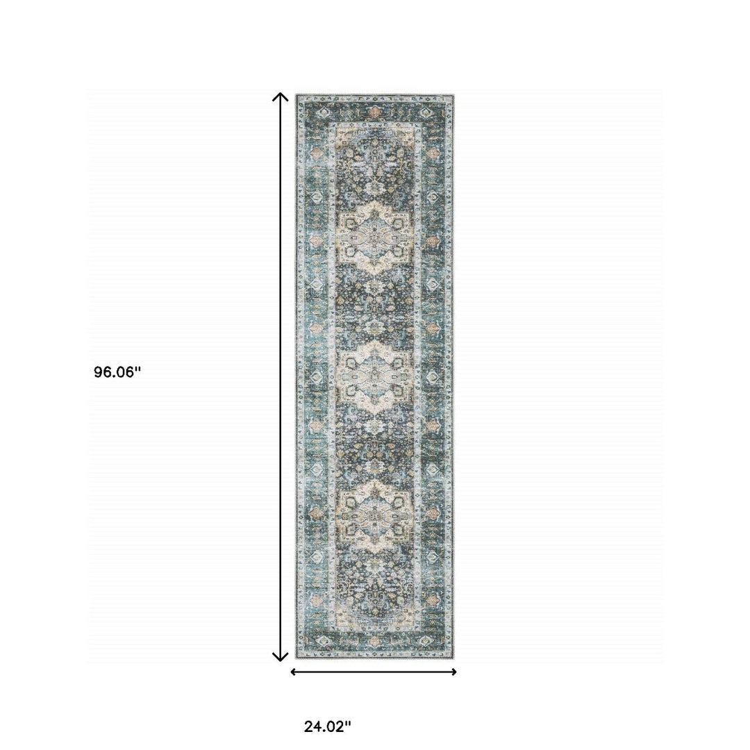 2 X 8 Blue Ivory Teal Brown And Gold Oriental Printed Stain Resistant Non Skid Runner Rug Image 9