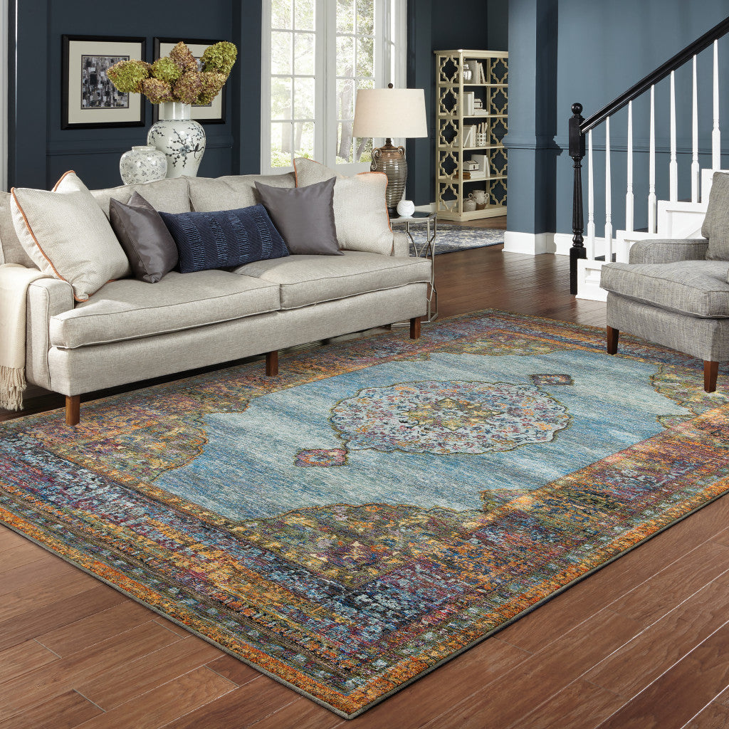 2 x 3 Blue and Beige Oriental Power Loom Area Rug Image 4