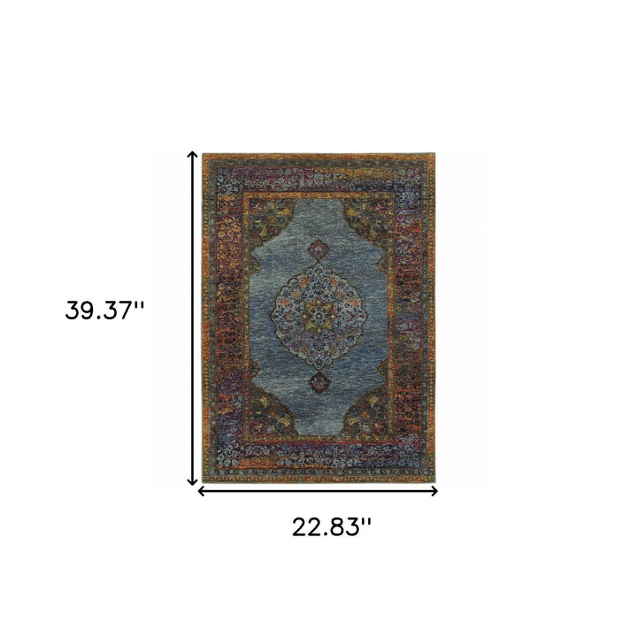 2 x 3 Blue and Beige Oriental Power Loom Area Rug Image 5