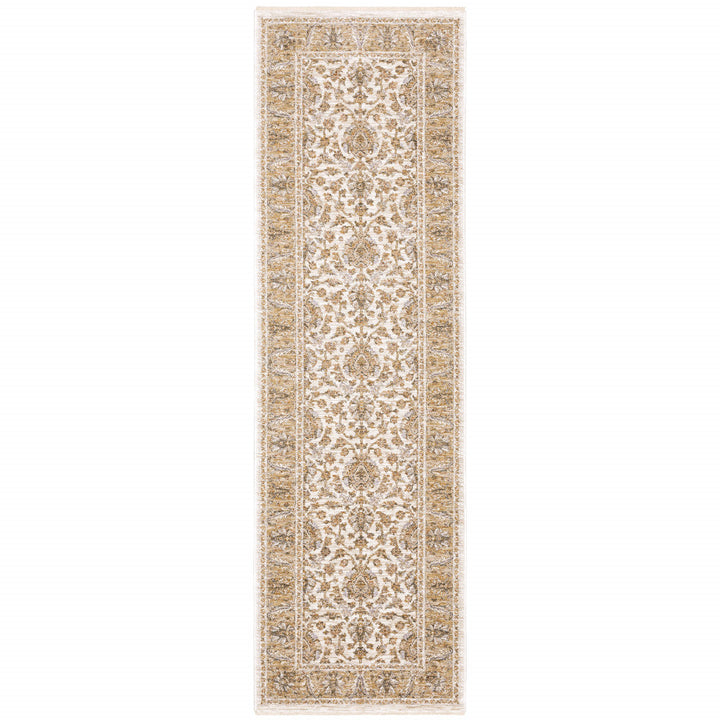 2 X 8 Ivory And Gold Oriental Power Loom Stain Resistant Runner Rug With Fringe Image 1