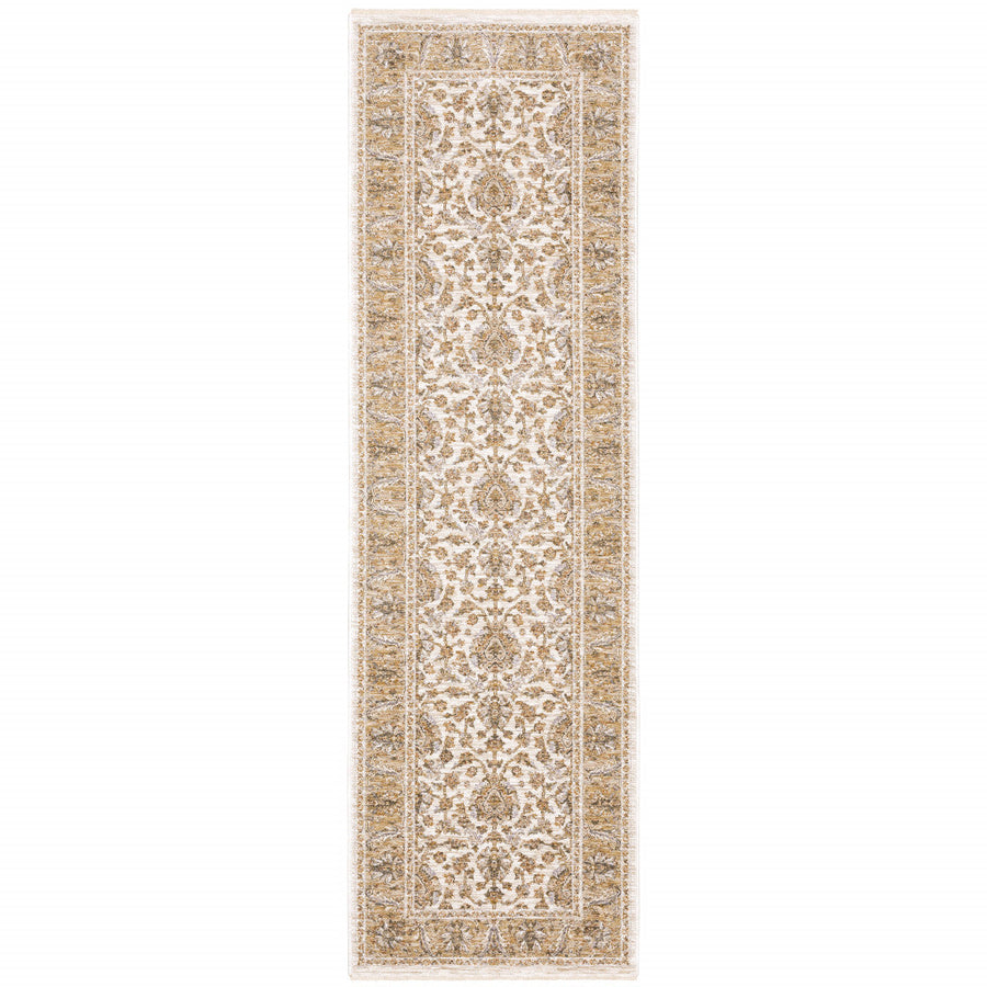 2 X 8 Ivory And Gold Oriental Power Loom Stain Resistant Runner Rug With Fringe Image 1