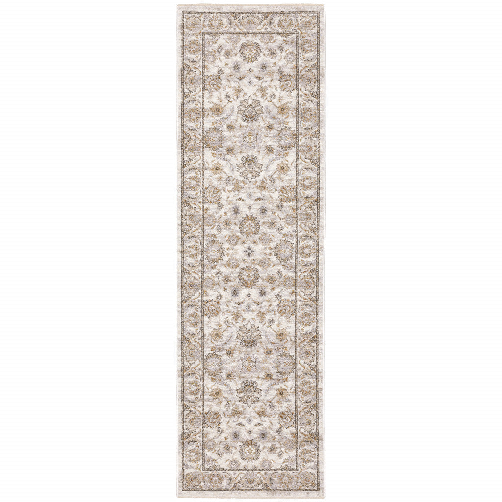 2 X 8 Ivory And Grey Oriental Power Loom Stain Resistant Runner Rug With Fringe Image 1