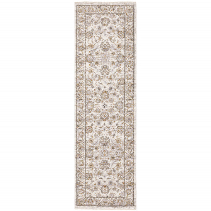 2 X 8 Ivory And Grey Oriental Power Loom Stain Resistant Runner Rug With Fringe Image 1