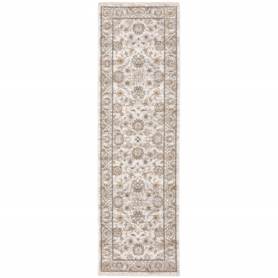 2 X 8 Ivory And Grey Oriental Power Loom Stain Resistant Runner Rug With Fringe Image 1