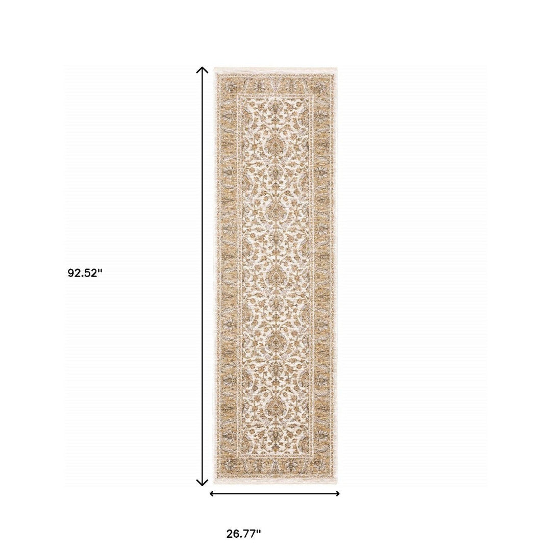 2 X 8 Ivory And Gold Oriental Power Loom Stain Resistant Runner Rug With Fringe Image 10