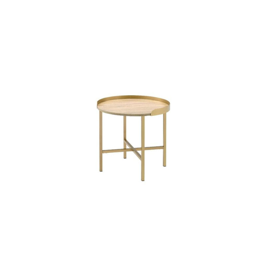 22" Gold And Oak Manufactured Wood And Metal Round End Table Image 1