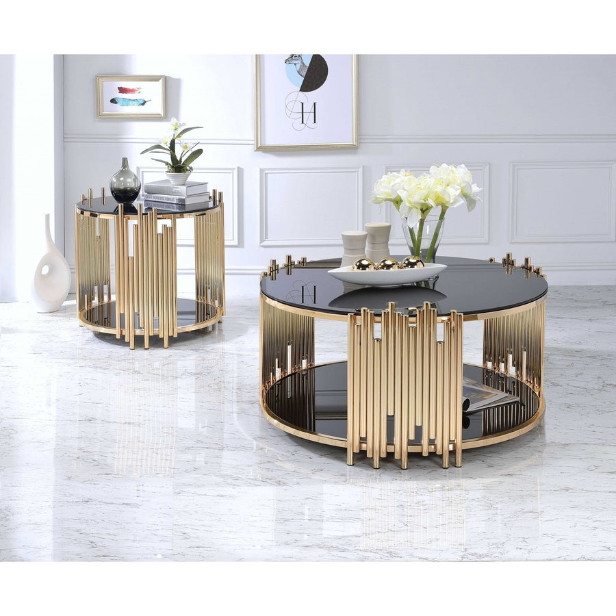 22" Gold And Black Glass Round End Table With Shelf Image 1