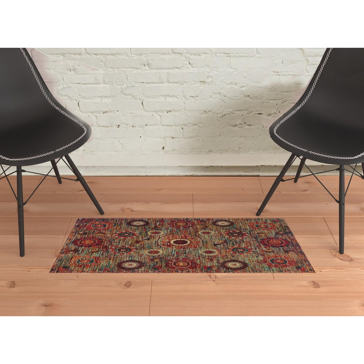 2 X 3 Red Gold Orange Green Ivory Rust And Blue Floral Power Loom Stain Resistant Area Rug Image 5