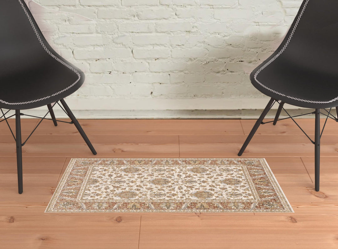 2 X 3 Rust And Ivory Oriental Power Loom Stain Resistant Area Rug With Fringe Image 10