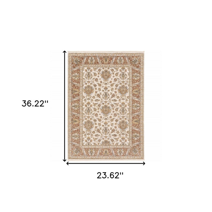 2 X 3 Rust And Ivory Oriental Power Loom Stain Resistant Area Rug With Fringe Image 11