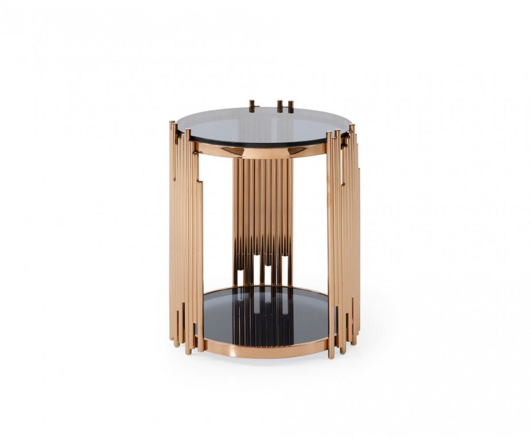 20" Rosegold And Smoked Glass Round End Table With Shelf Image 3