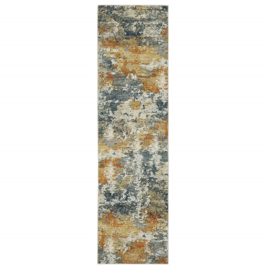 2 X 8 Teal Blue Orange Gold Grey Tan Brown And Beige Abstract Printed Stain Resistant Non Skid Runner Rug Image 1